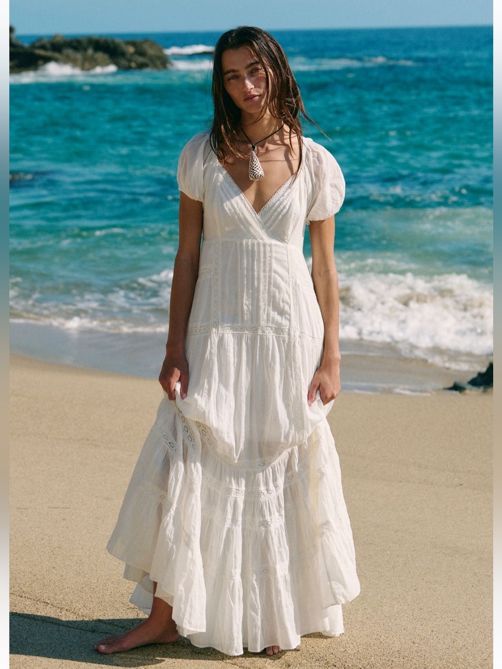 Free People Aura Maxi Dress Ivory White Long Cotton V Neck Flowy Small NEW NWT